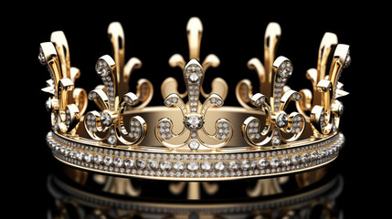 Luxurious golden crown encrusted with diamonds and elegant scrollwork, presented on a reflective black surface for a regal look.