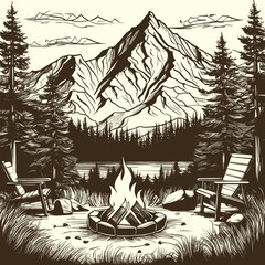 Vector hand sketch campfire with mountains and trees outline