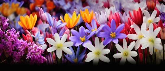 Colorful crocus and snowdrop flowers close-up, spring background.