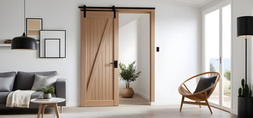 Close up of wooden door. Minimalist scandinavian home interior design of modern living room. - obrazy, fototapety, plakaty