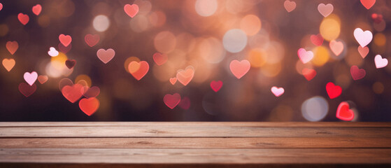 Valentines day background with wooden table and heart bokeh.
