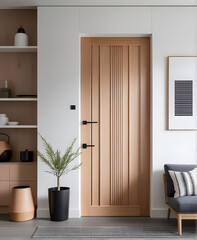 Close up of wooden door. Minimalist scandinavian home interior design of modern living room.