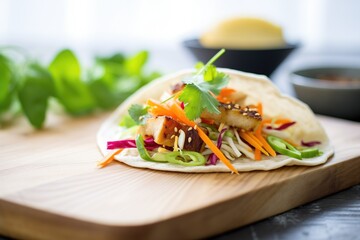 bite taken out of a flaxseed wrap with tofu and asian slaw - obrazy, fototapety, plakaty