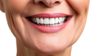 Woman smiles with healthy white teeth, isolated on white background.