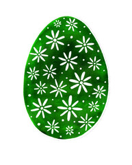 Green Easter egg isolated on white background. The egg is decorated with white flowers and dots. Flowers of simple form, circle inside and petals around. Watercolor painting. Different shades of green