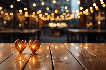 Two hearts on a wooden table in a cafe with lights in the background.