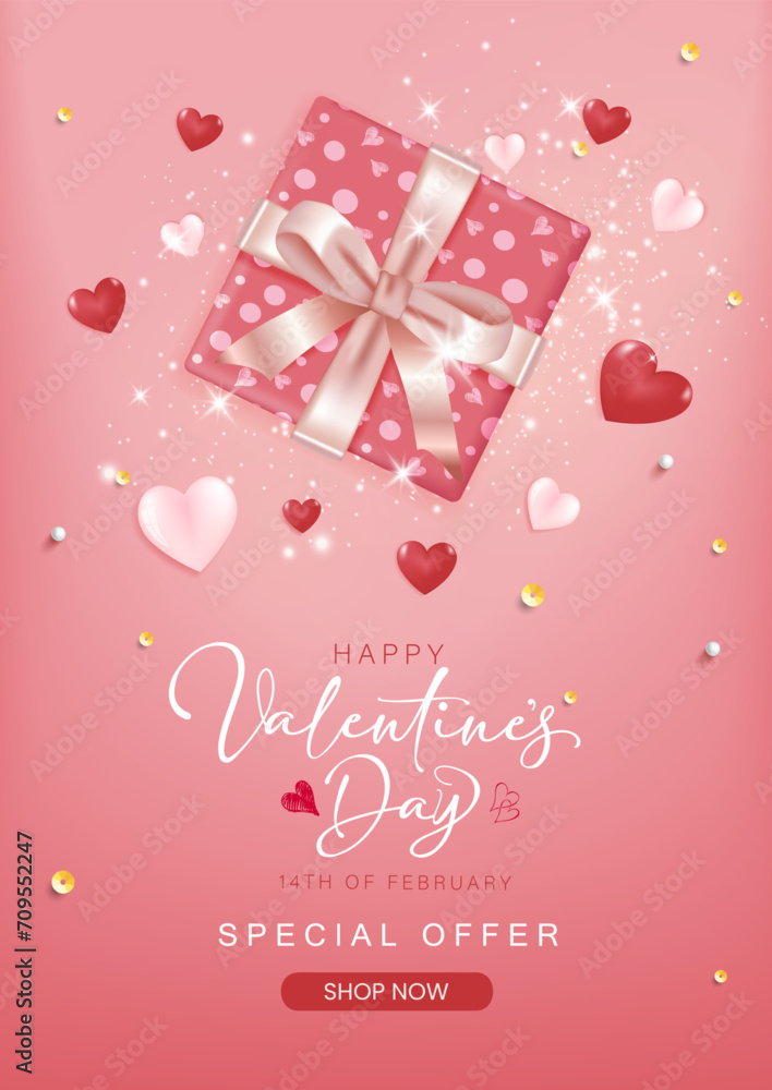 Poster valentines day vector banner template. happy valentines day greeting typography with valentine eleme