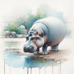 Watercolor portrait of a hippo at rest, evoking wildlife conservation and natural beauty. Serene zoo habitat scene with a majestic hippo, artfully captured in watercolor shades
