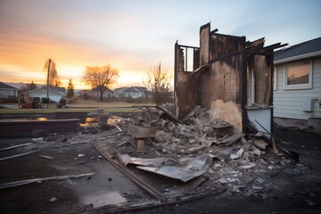 Fototapeta premium charred remains of a home postfire at dawn