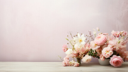 Beautiful flowers in vase on table against color background. Space for text.