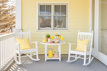 pastel yellow cape cod, porch with rocking chairs and lemonade setup