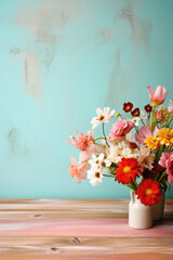 Bouquet of colorful flowers in vase on wooden table.