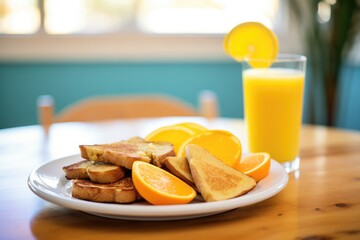 french toast on a plate with a side of orange slices