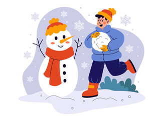 Winter Activity Concept Illustration. Boy Make a Snowman Winter Illustration