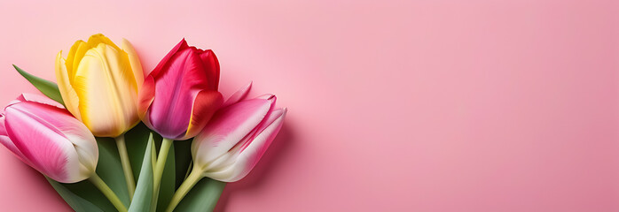 Spring Banner with tulips for March 8 on a pink background