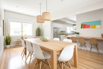 bright dining area with long wooden table and chairs