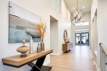 highceiling entryway with a modern chandelier and console table