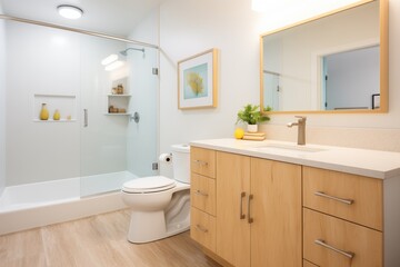 Fototapeta na wymiar stylish bathroom with lowflow fixtures and cork flooring