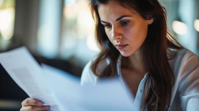This high-resolution image of a businesswoman studying crucial paperwork highlights attention to detail with her attentive look