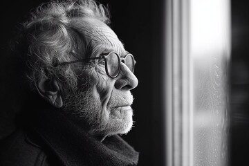 Black and white portrait of elderly man with glasses standing by the window, side view.