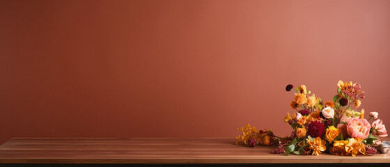 Bouquet of dried flowers on wooden table in front of red wall.