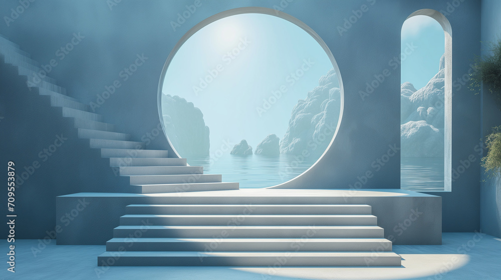 Poster 3d illustration of empty podium for product or merchandise display with ocean view. architecture and