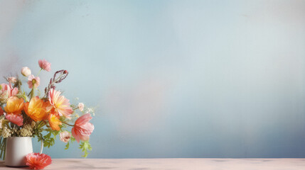 Bouquet of flowers in vase on wooden table with blue background.