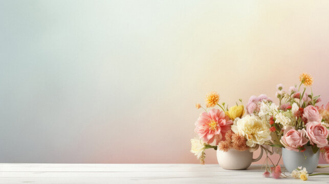 Bouquet of beautiful flowers in vase on table against blurred background.