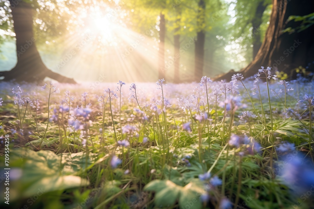 Sticker sunrays filtering onto a carpet of bluebell flowers in woods