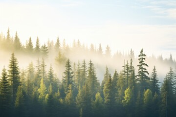 mist hanging over a silent, early morning coniferous forest