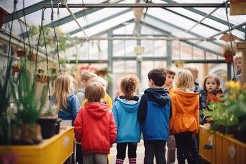 children on an educational tour in a plant conservatory - obrazy, fototapety, plakaty