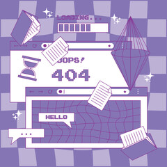 Template for square social media post with web browser window, web browser window with 404 error. Vector collage in old computer aesthetics of 90s, 00s