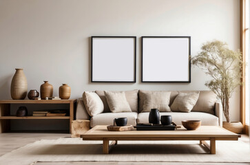 Square coffee table near white sofa and rustic cabinets against white wall with two blank poster frames mock up with copy space. Japanese home interior design of modern living room