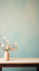 Fototapeta na wymiar Cherry blossom in vase on table with blue wall background.