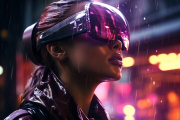Futuristic Vision: Woman Wearing Advanced VR Headset at Night