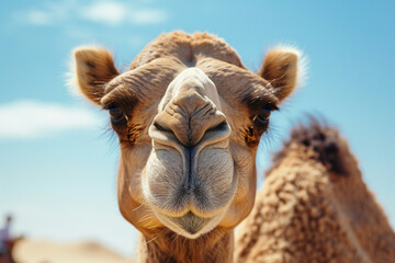 Friendly Camel Close-up Desert Backdrop Blue Sky