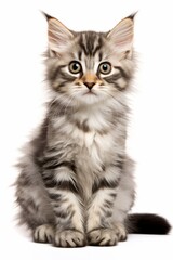 Adorable Fluffy Tabby Kitten Sitting on White Background