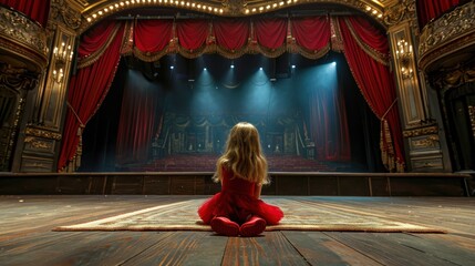 A portrait of a young girl in a theater or opera with red chairs - obrazy, fototapety, plakaty