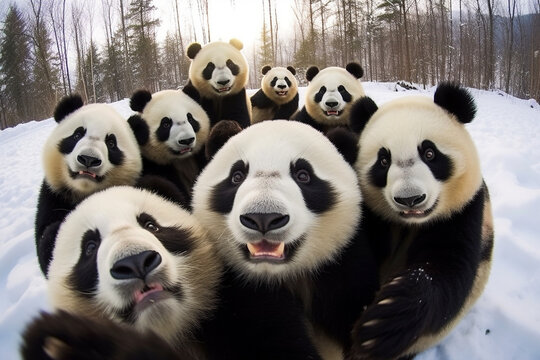a group of cute pandas taking selfies