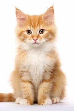 Adorable Fluffy Ginger Kitten Sitting on White Background