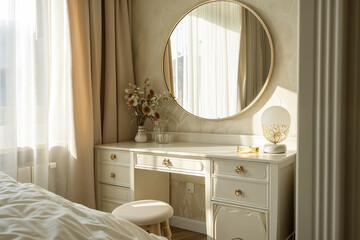 Modern, minimal beige Schminktisch, Goldgriff Schublade, Glasvase, runder Kosmetikspiegel in Creme, Schlafzimmerwand im Sonnenlicht für Luxus Schönheit, Kosmetik