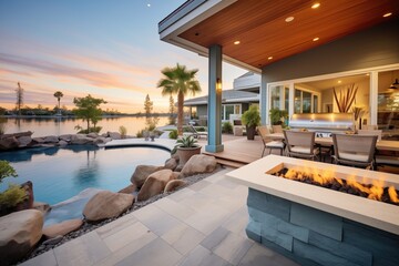 Obraz premium sunsetlit patio with fire pit near waters edge