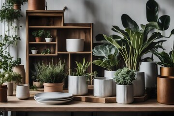 Beautiful plants in various pots are shown in a stylish Scandinavian environment together with a design cabinet, a mock up photo frame, and attractive 