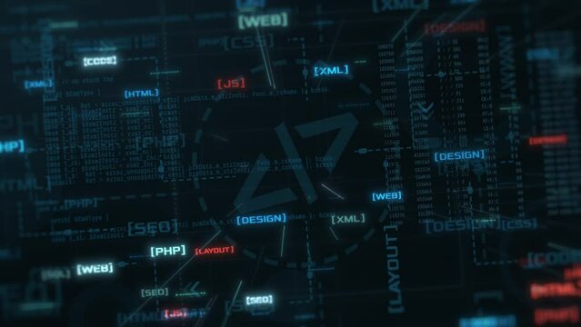 diagram animation, web design and development concept, abstract grid with symbols and technical terms, front view, camera zoom in (3d render)    