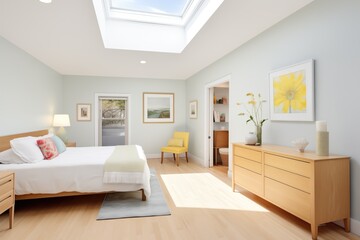 Naklejka premium bright bedroom in saltbox house with skylights
