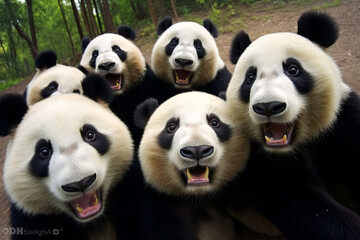 Fototapeta premium a group of cute pandas taking selfies