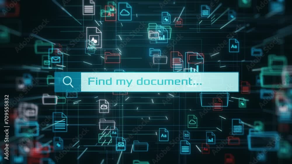 Poster document management system, abstract grid with file and folder icons, search bar, concept of digital