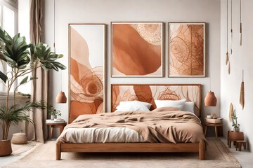 Boho bedroom interior in neutral beige tones. Wooden double bed with pillows. Abstract terracotta wall art set of 2 prints on a white wall.-