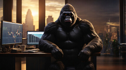 Fototapeta na wymiar gorilla wearing suits in an office buying stocks seated in front of a commanding monitor