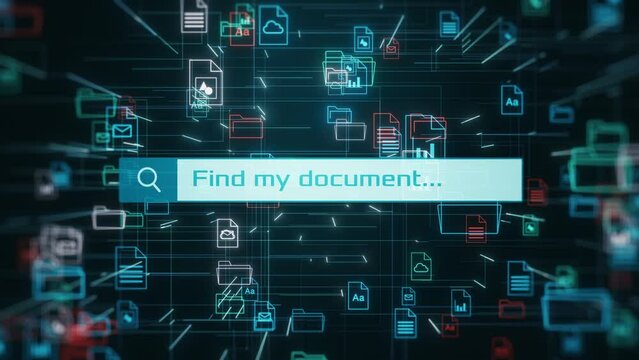 document management system, abstract grid with file and folder icons, search bar, concept of digital data organization (3d render)